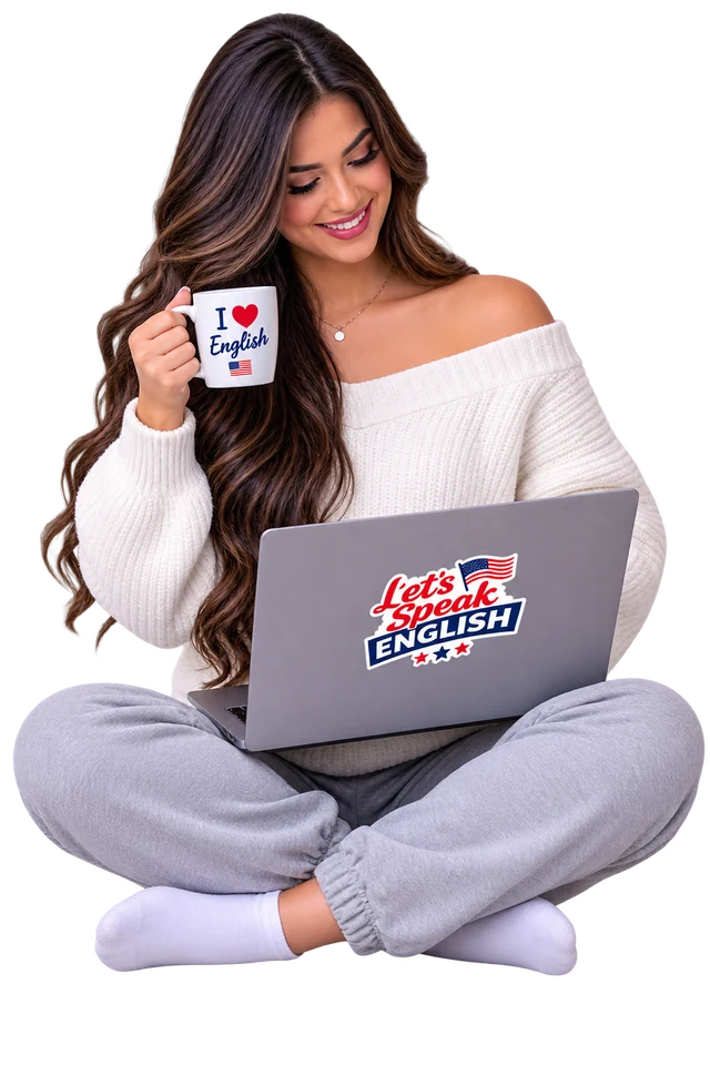 Aluna estudando inglês no notebook com o Let's Speak English